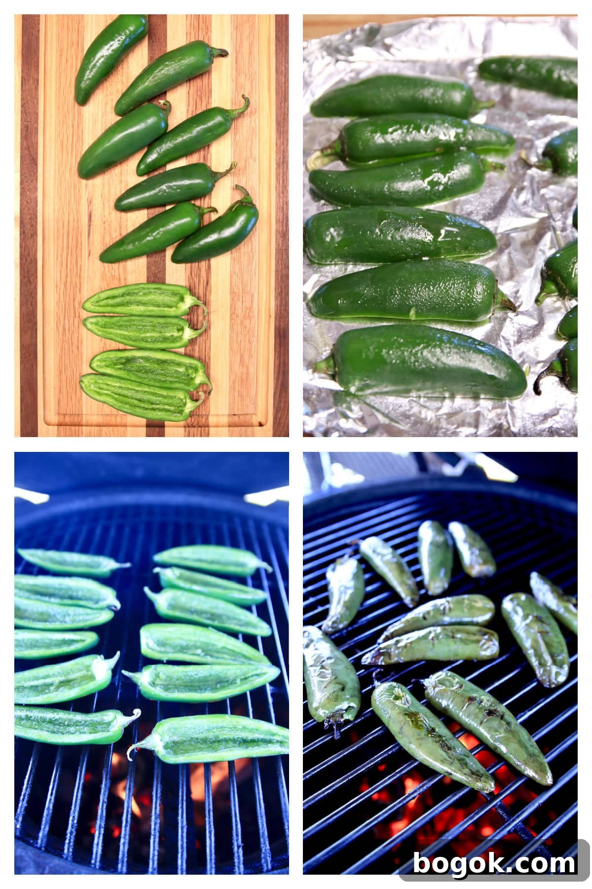 Collage making fire roasted jalapenos, cut in half, lengthwise.