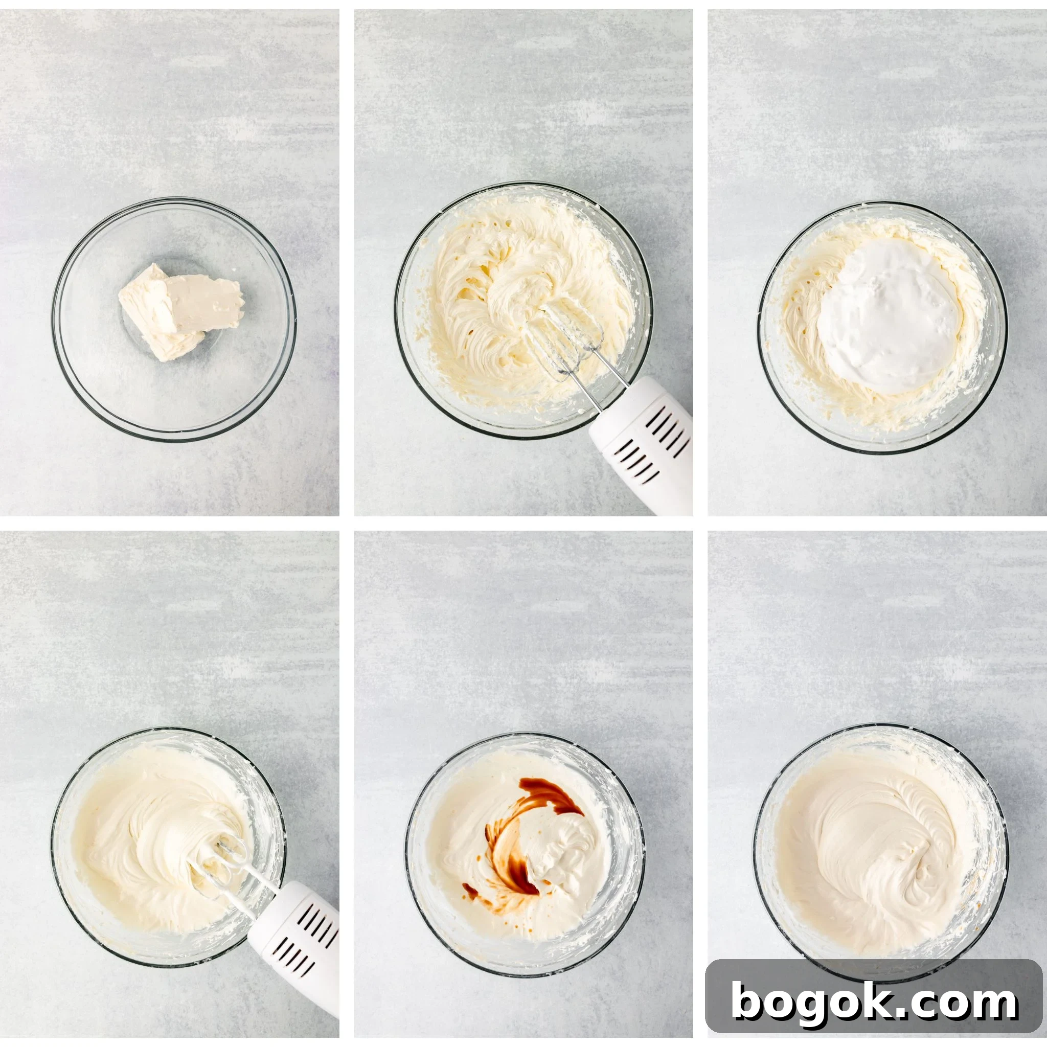 Six-step collage showing the process of making Marshmallow Fruit Dip: cream cheese in a bowl, then blended; whipped mixture; cream added; whipped again; vanilla extract added; and final smooth, creamy dip mixed with a hand mixer in a glass bowl.