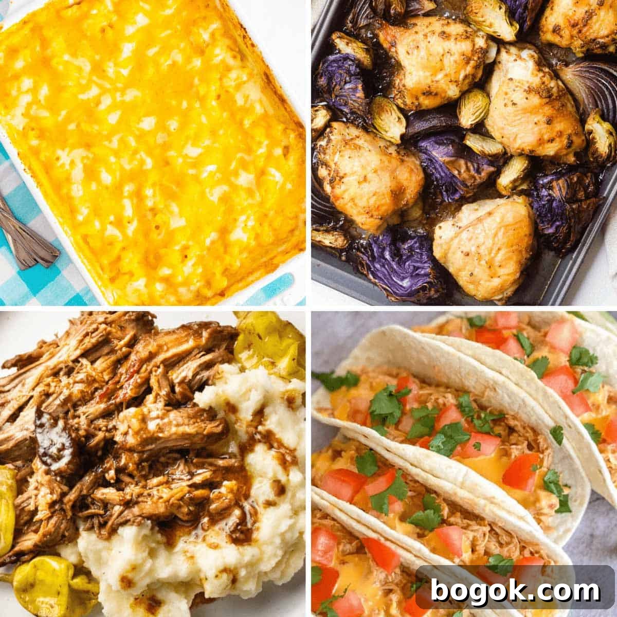 Four Sunday dinner ideas: mac and cheese, chicken thighs, Mississippi pot roast, and tacos.