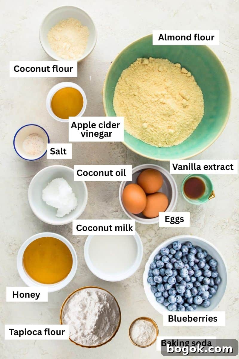 Fluffy Paleo Blueberry Pancakes: Grain-Free Breakfast Recipe 3 Ingredients for making blueberry pancakes separated into bowls including flour, eggs, blueberries, honey, apple cider vinegar and baking soda.