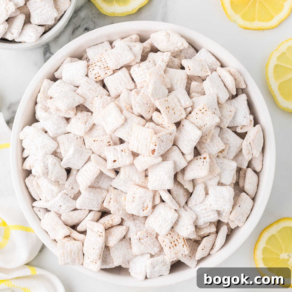 Lemon Puppy Chow in a bowl.