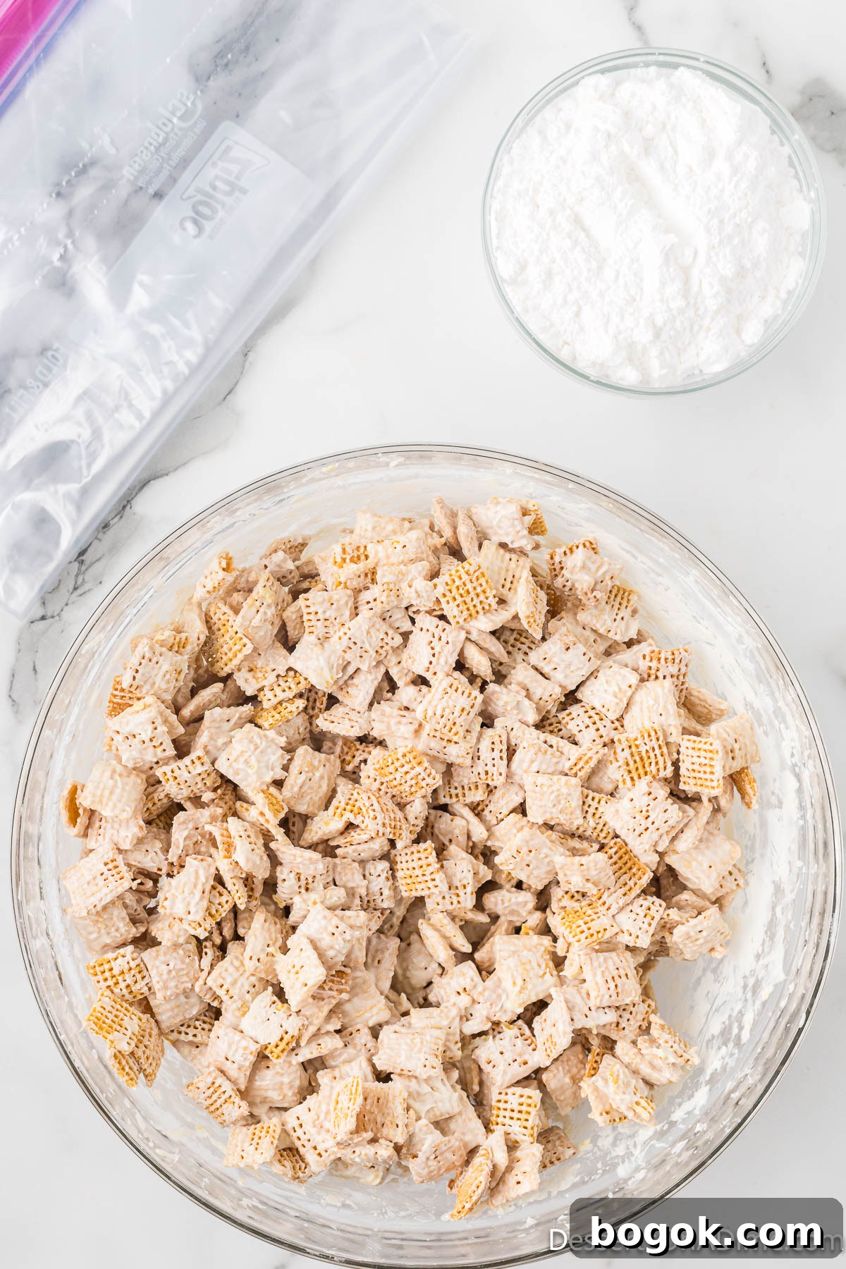 Lemony Puppy Chow Recipe: Zesty No-Bake Snack Mix 7 Cereal and chocolate combined.