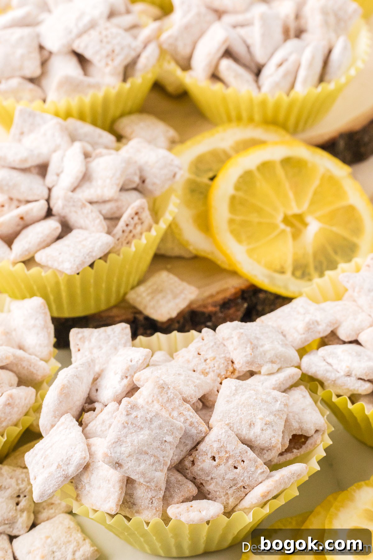 Lemony Puppy Chow Recipe: Zesty No-Bake Snack Mix 10 Lemon puppy chow in cups ready to serve.