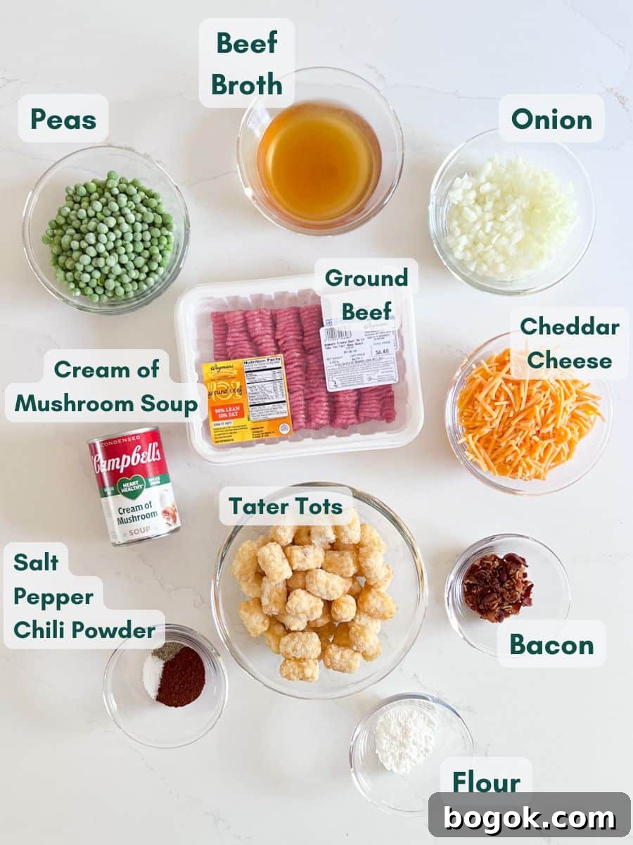 Bacon Cheeseburger Tater Tot Casserole Recipe 4 An overhead image of the labeled recipe ingredients.