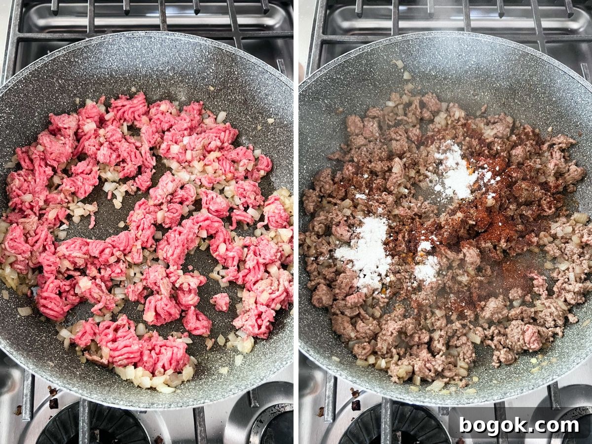 Bacon Cheeseburger Tater Tot Casserole Recipe 6 Ground beef browning in the pan with onions and seasonings.