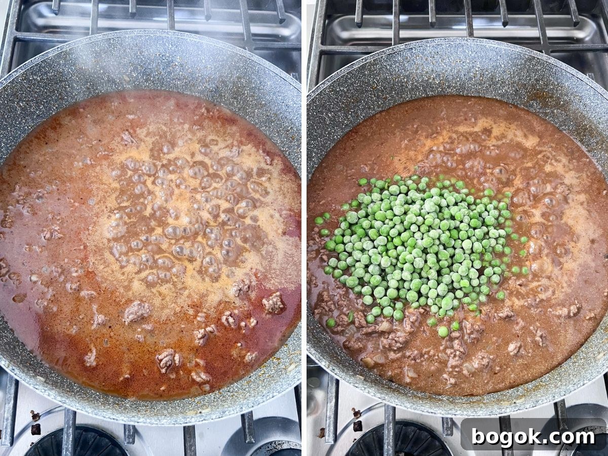 Bacon Cheeseburger Tater Tot Casserole Recipe 7 Pan with broth and cream of mushroom soup, then peas added to the thickened base.