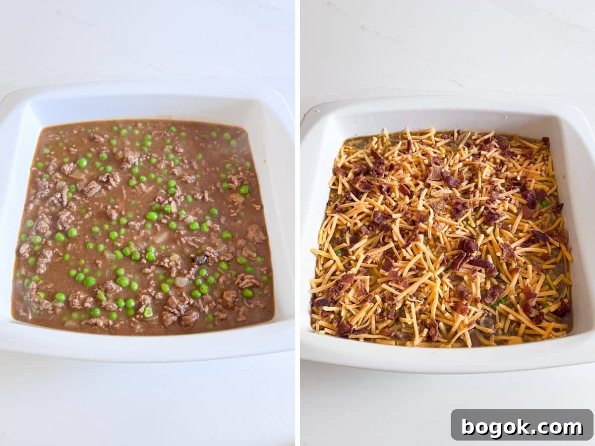 Bacon Cheeseburger Tater Tot Casserole Recipe 8 Beef mixture in a casserole dish topped with cheddar and crumbled bacon.