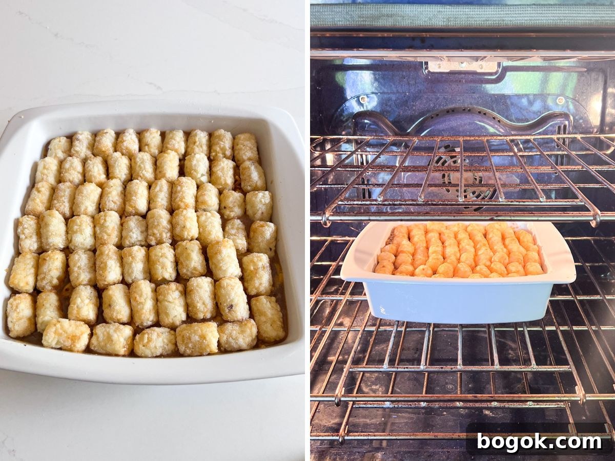 Bacon Cheeseburger Tater Tot Casserole Recipe 9 Tater tots placed on top of the casserole, then going into the oven.