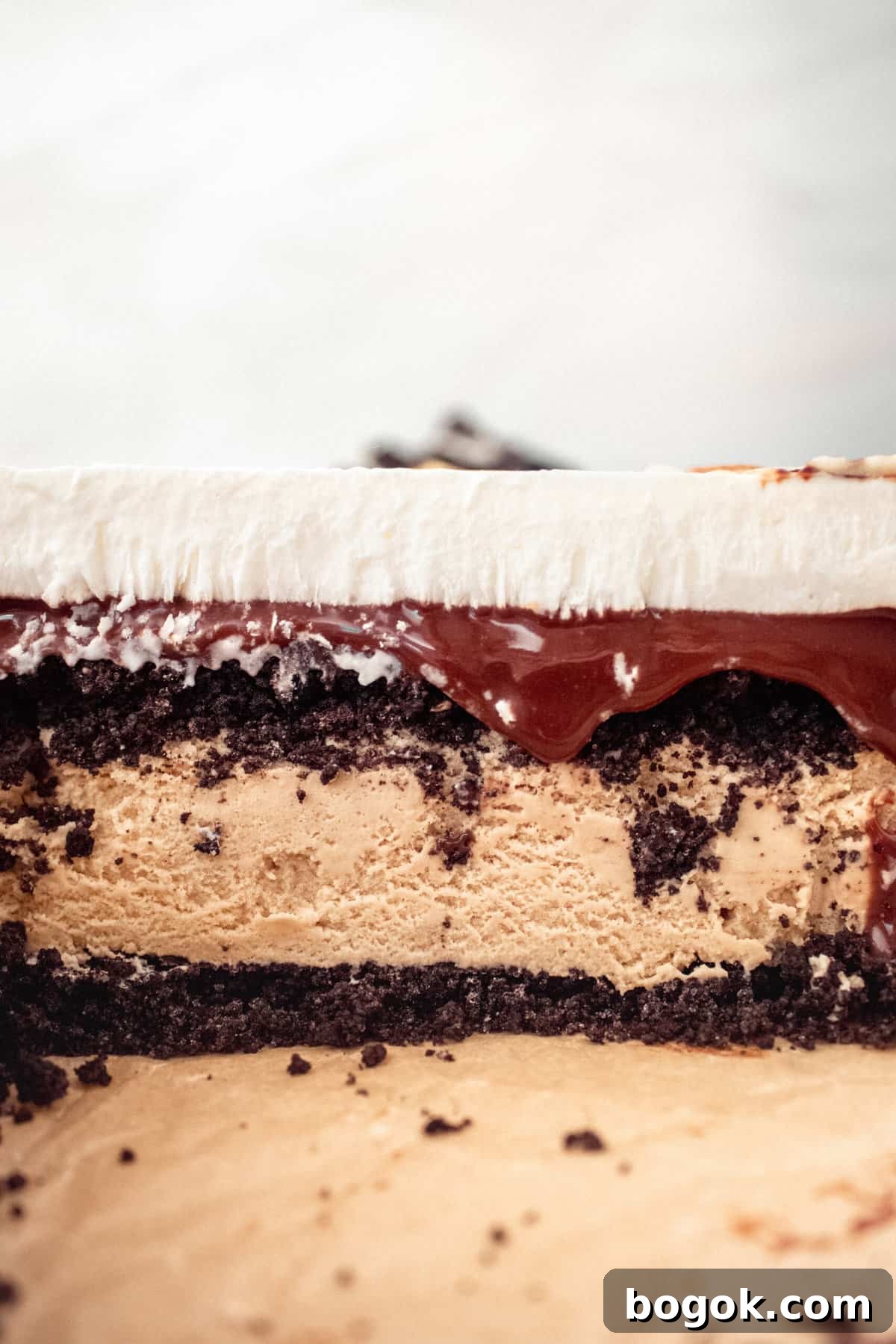 close up image of layers of a slice of Billy Miner ice cream pie