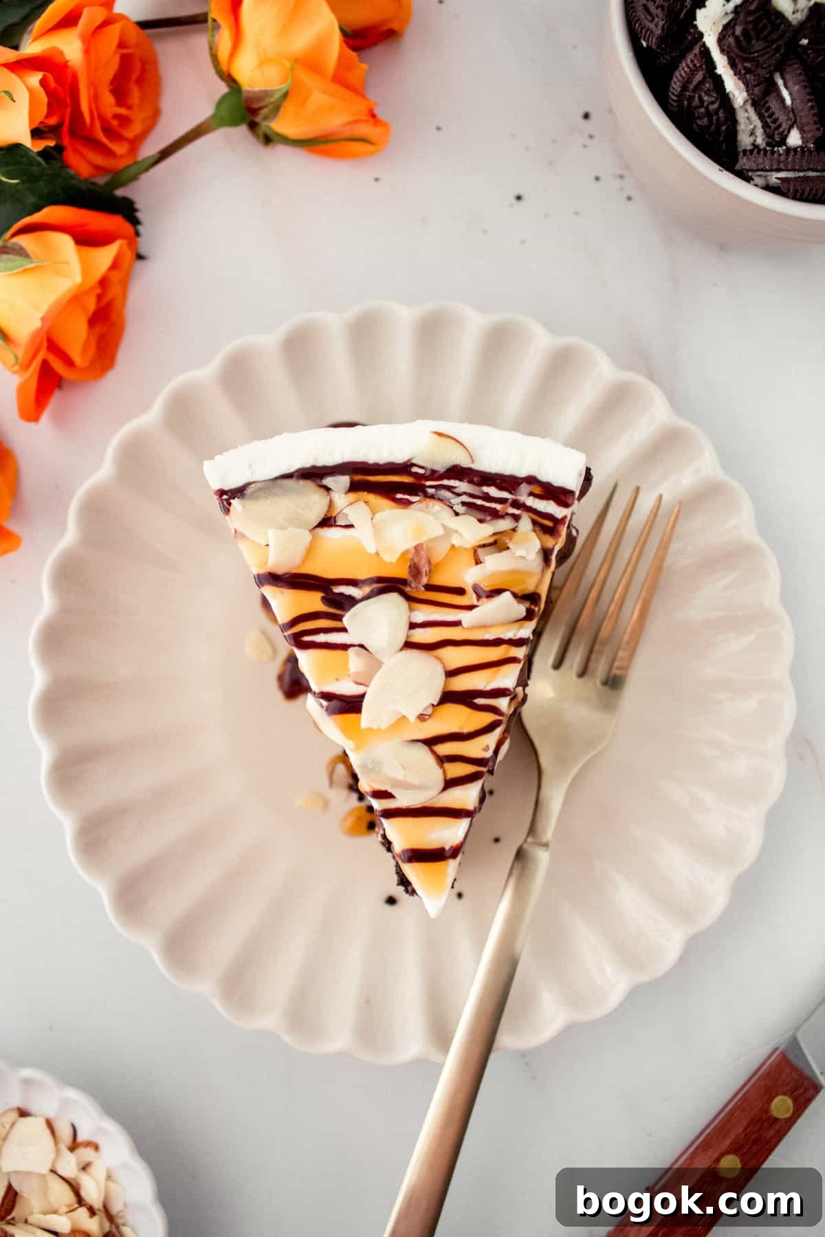 overhead image of a slice of Billy Miner ice cream pie on a plate with a fork next to it