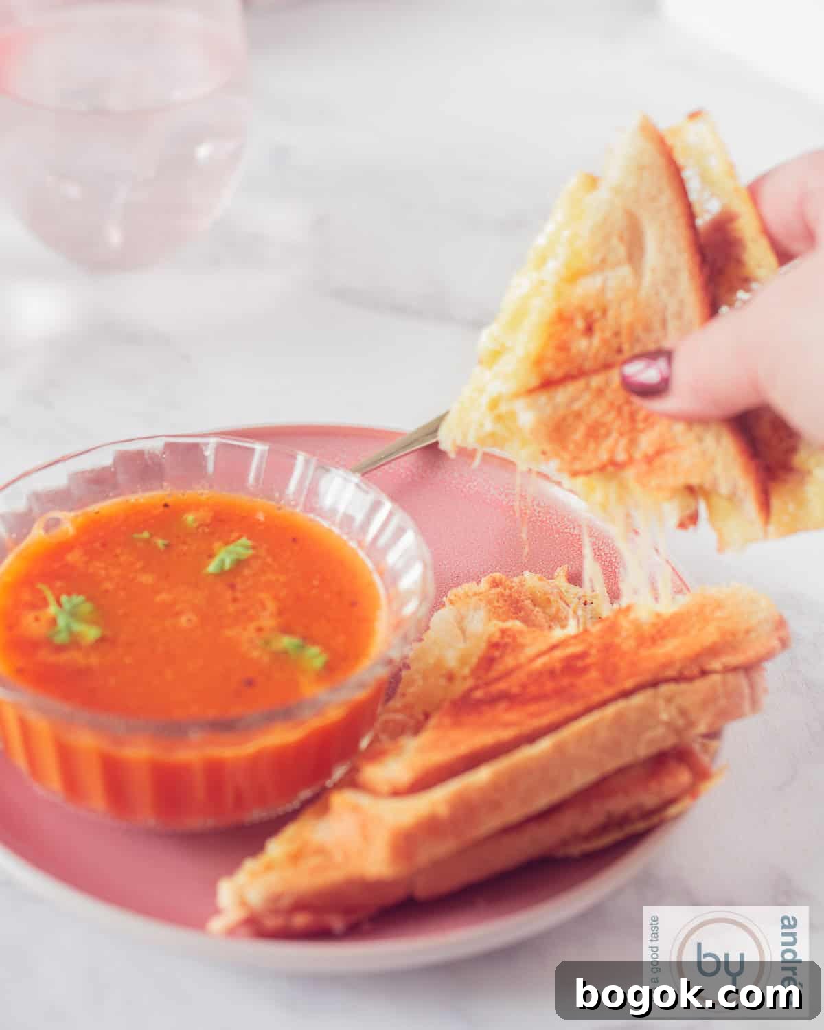 Herbed Tomato Soup with Cheesy Toastie 2 A photo of a pink plate with a glass bowl of tomato soup and a grilled cheese sandwich with a piece torn off, revealing strings of cheese.