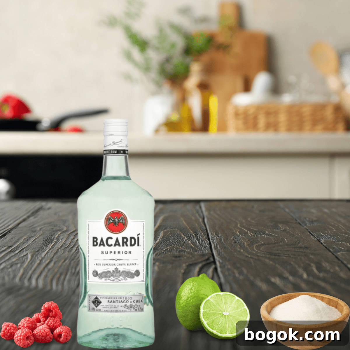 Raspberry Daiquiri Recipe: Refreshing Cocktail Guide 3 rum, sugar, raspberries, and a lime on a wooden countertop.