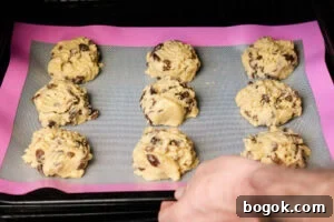 9 rock buns on a silicone mat on a baking tray being put into an oven