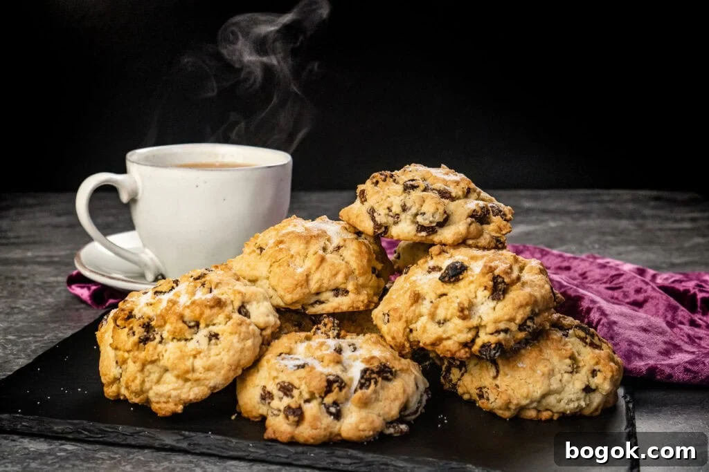 A stack of rock cakes on a slate plate with a cup of tea in the background