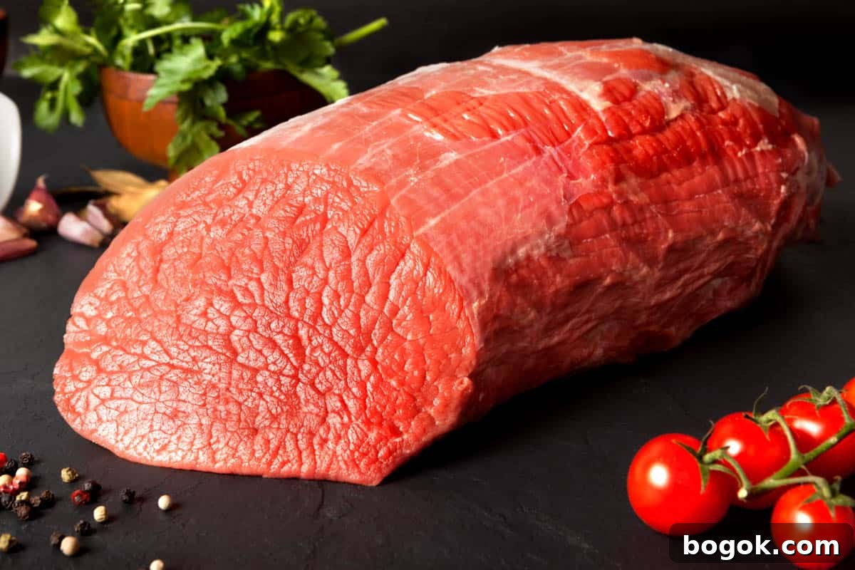 beef Eye of round on dark cutting board, the best meat for beef jerky