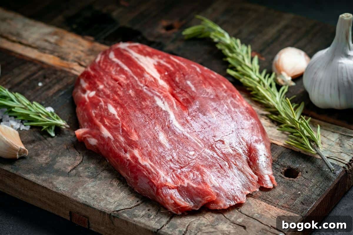 Flank steak on cutting board with spices for beef jerky