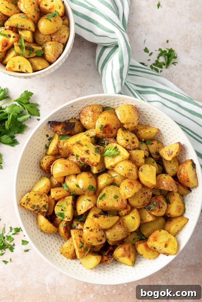 Greek lemon roasted potatoes in a serving bowl.