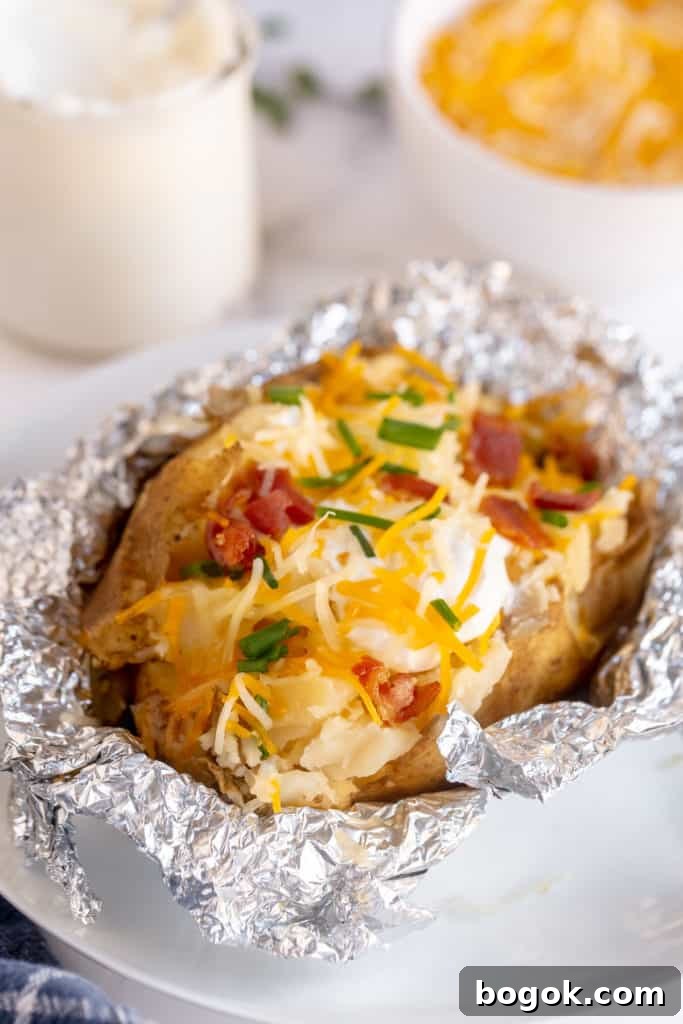 A slow cooker baked potato topped with cheese and bacon.
