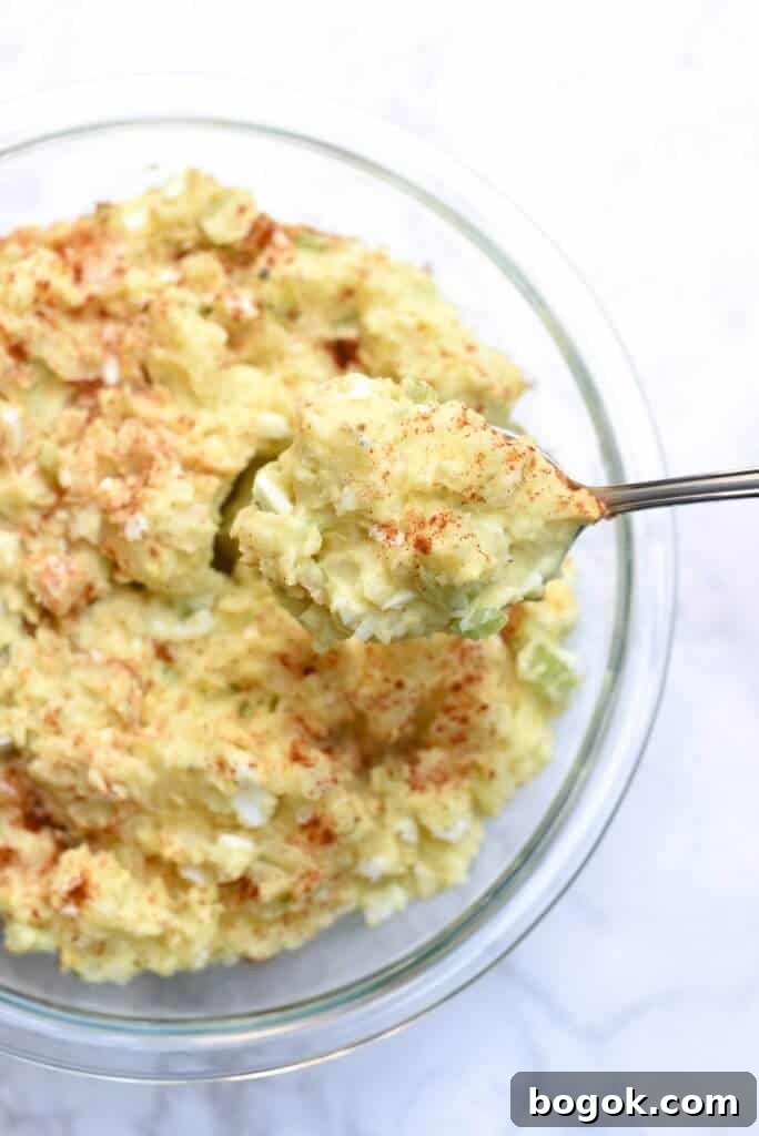 A spoon lifts old fashioned potato salad from a bowl.