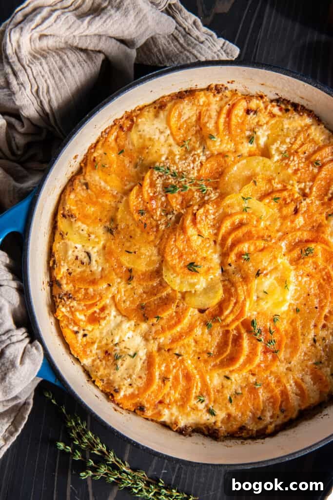Sweet potato gratin topped with fresh thyme.
