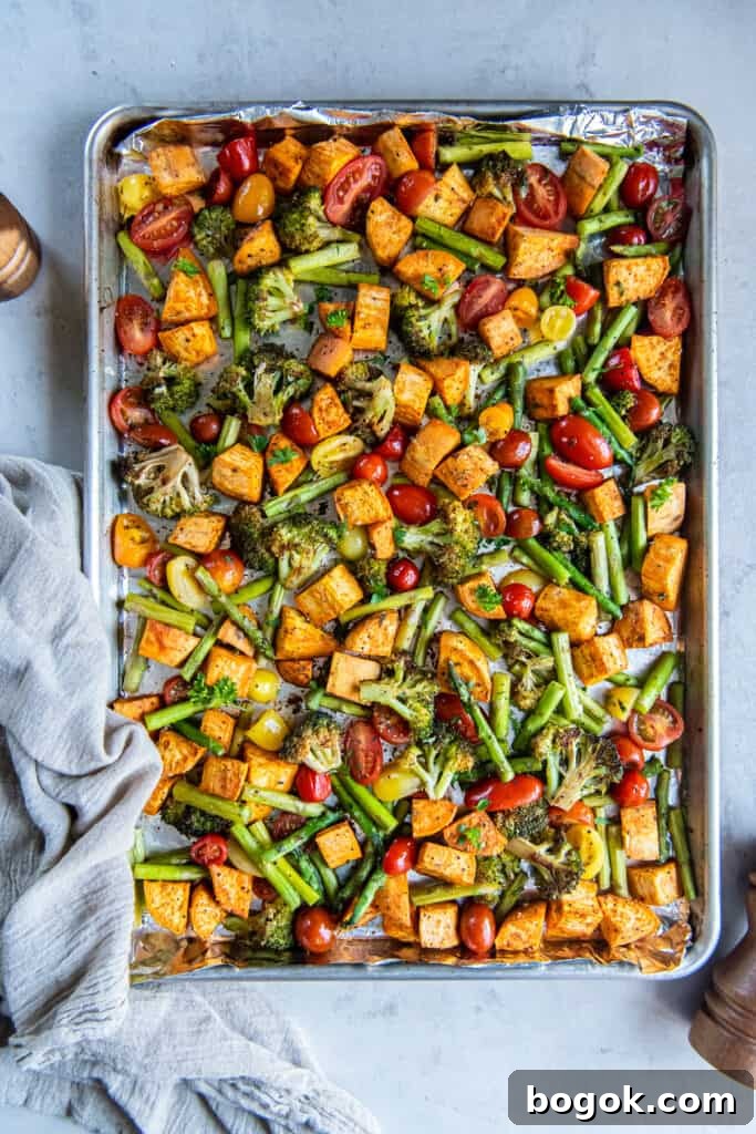 Sheet pan roasted vegetables with sweet potatoes.