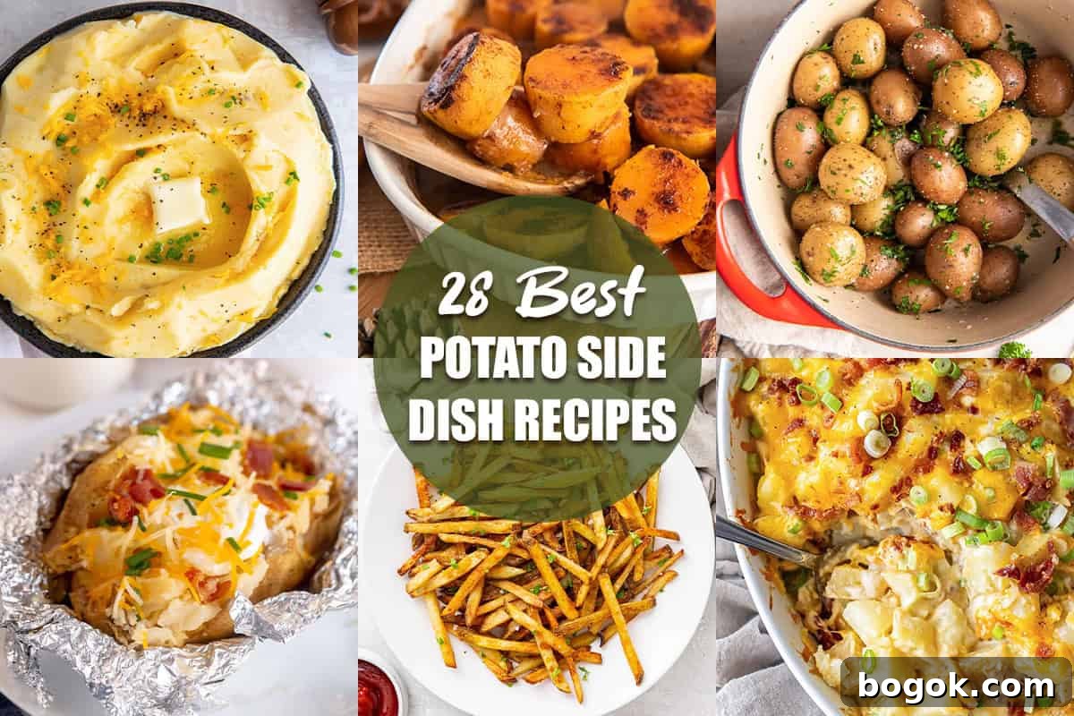 Collage of mashed, twice baked potato casserole, baked potatoes, fries, maple glazed sweet potatoes, and parsley potatoes with text overlay that reads “28 Best Potato Side Dish Recipes.”