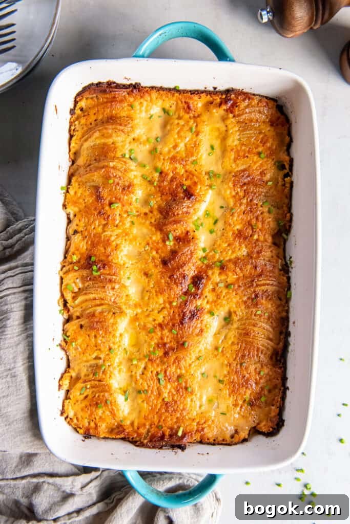Au gratin potatoes in a baking dish with a golden top.