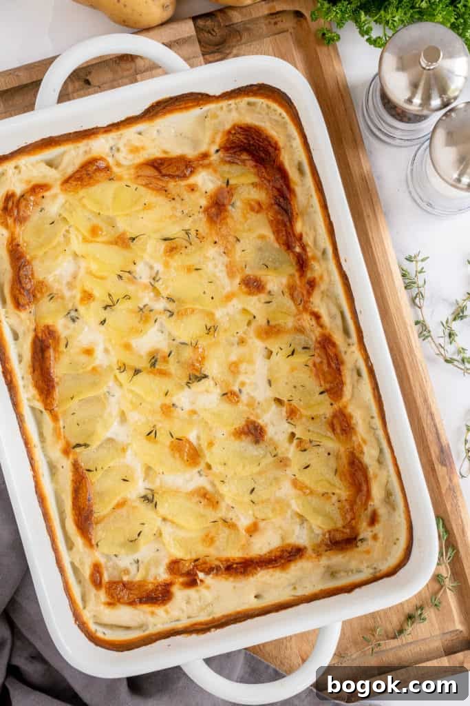 Scalloped potatoes in a casserole dish.