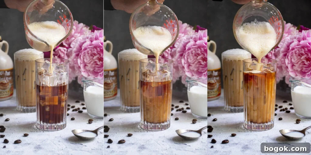 Collage of salted maple foam being poured into a glass of cold brew coffee.