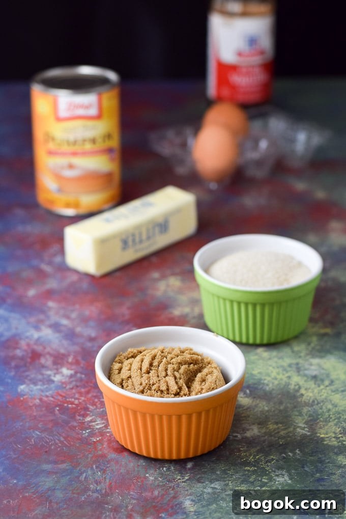 Brown sugar, cane sugar, butter, pumpkin, eggs and vanilla on a colorful board