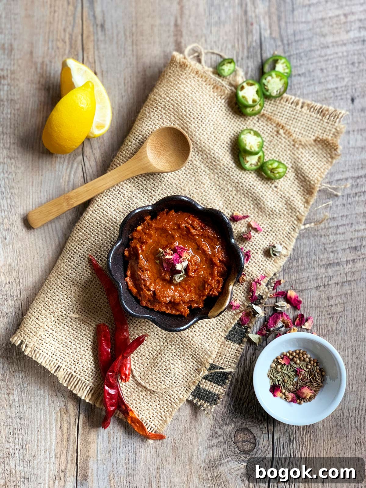 Smoky Rose Harissa: Spicy Condiment with Floral Notes 8 Rose harissa beauty shot on burlap with ingredients surrounding a brown bowl.