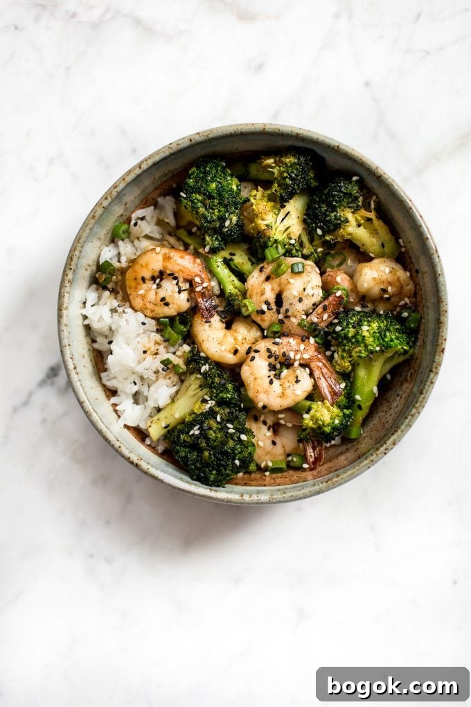 easy shrimp and broccoli in a bowl served over rice