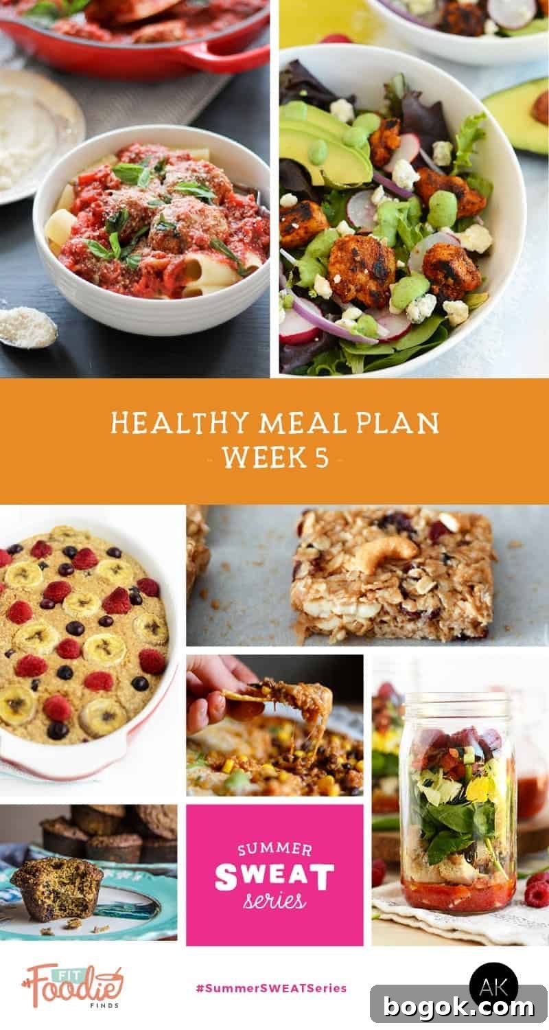 Summer SWEAT Series: Week 5 Fat-Burn Fitness Plan 3 Week 5 Meal Plan and Grocery list from Ambitious Kitchen and Fit Foodie Finds