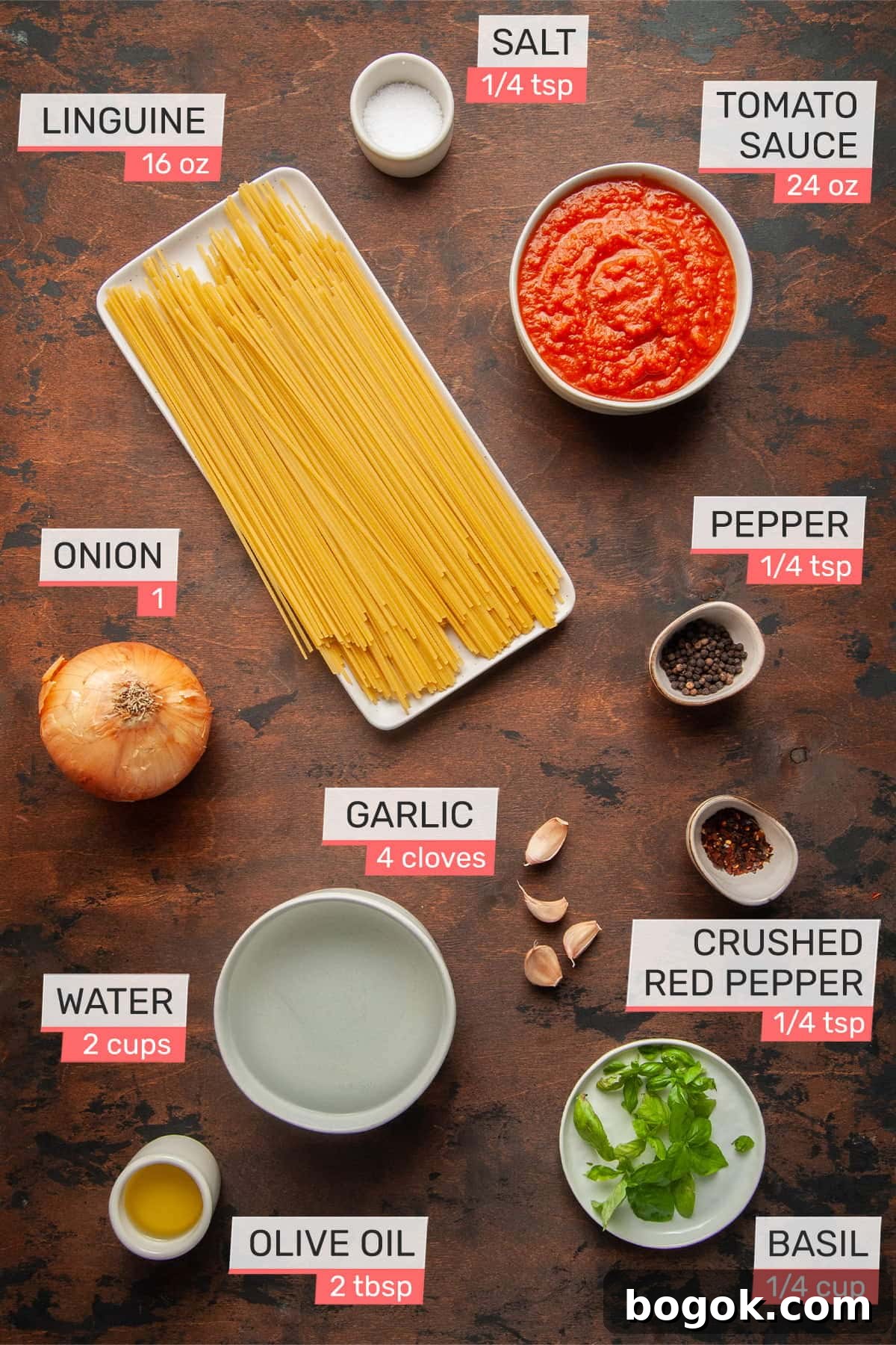 Vegan One-Pot Pasta with Classic Marinara Sauce 3 basil, olive oil, water, garlic, crushed red pepper, black pepper, onion, linguine, tomato sauce, salt