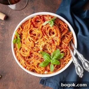 Vegan One-Pot Pasta with Classic Marinara Sauce 8 overhead view of Vegan One-Pot Pasta with Marinara Sauce in a large white serving bowl