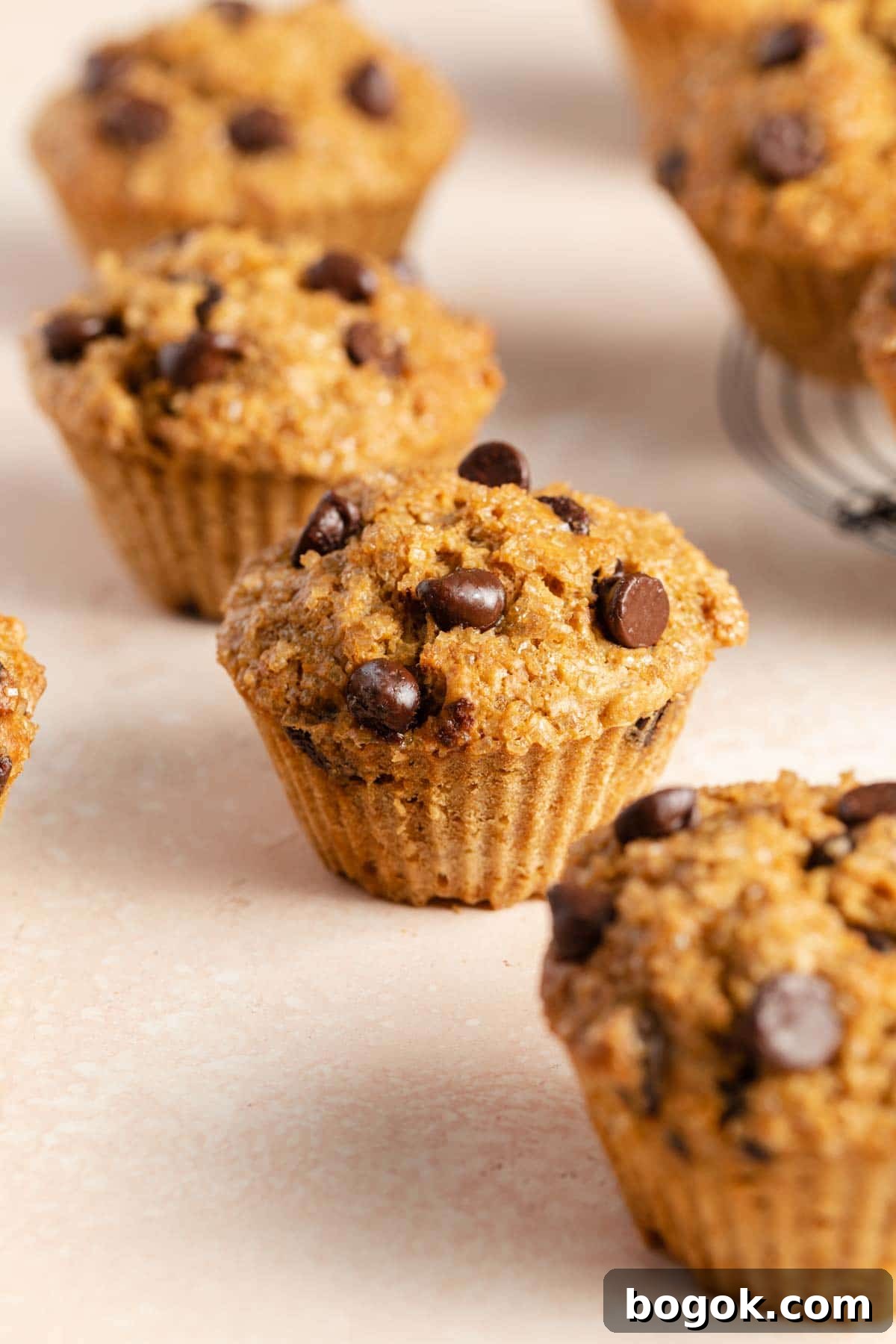 Side view of air fryer chocolate chip muffins.