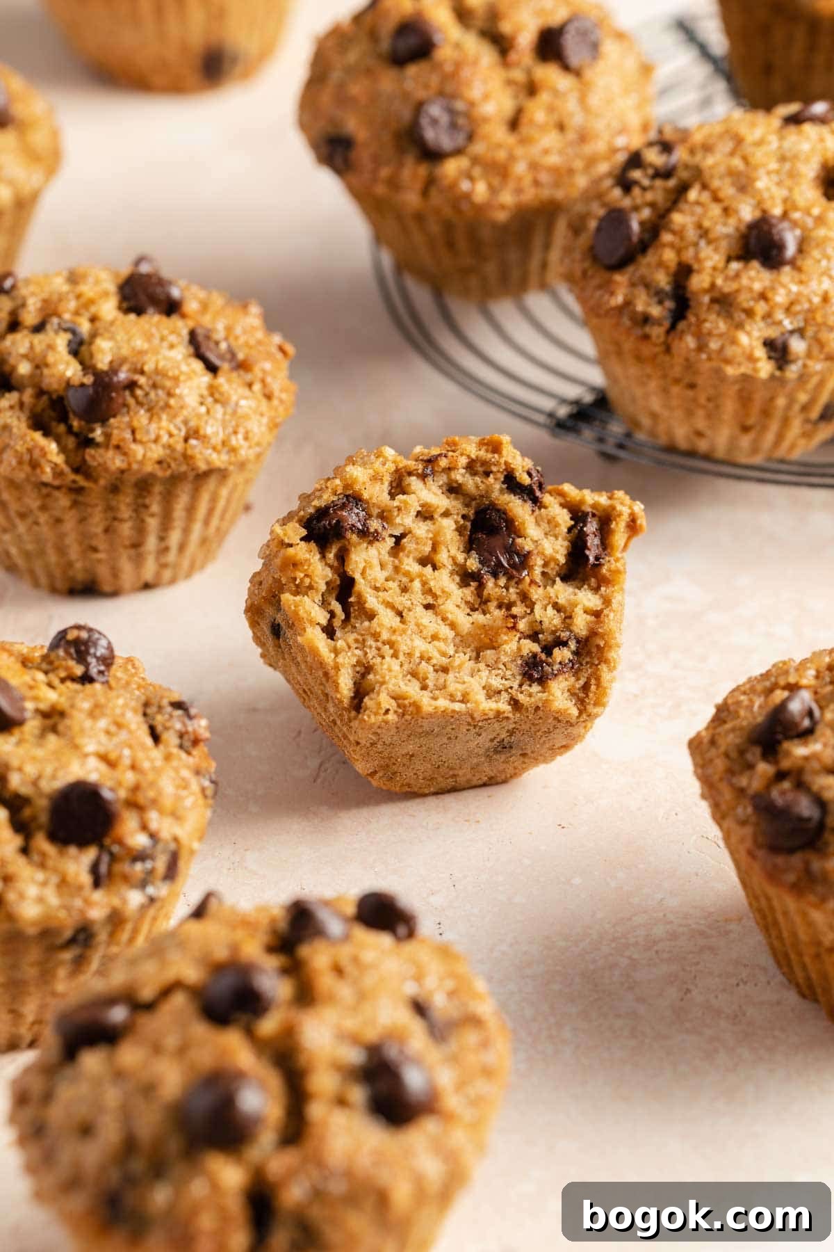 Chocolate chip oatmeal muffins with a bite taken out of one.