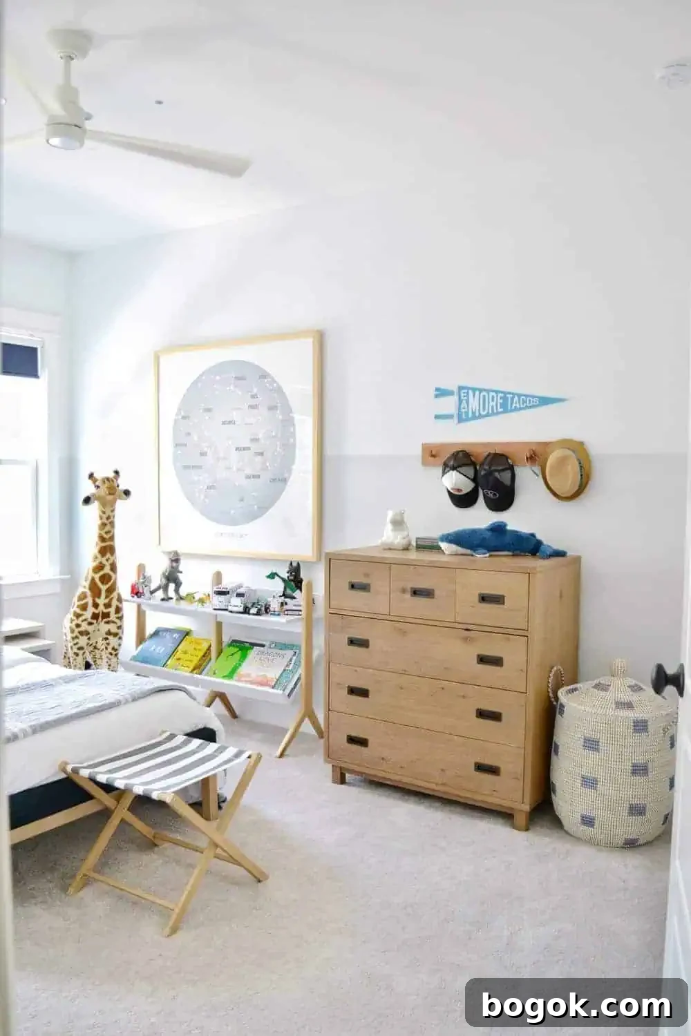 a child's room with an oversized piece of art on the wall