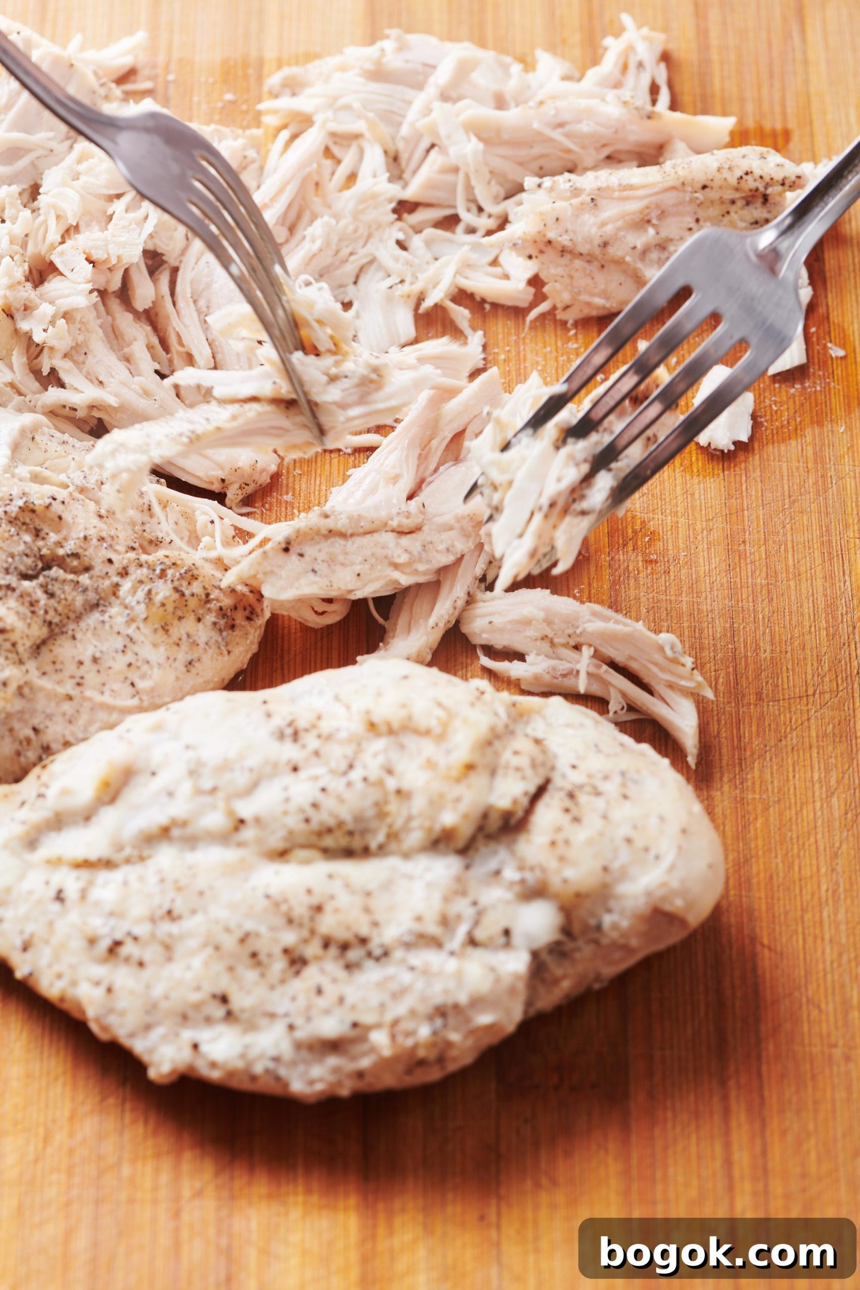 Two forks shredding chicken on a wooden surface.