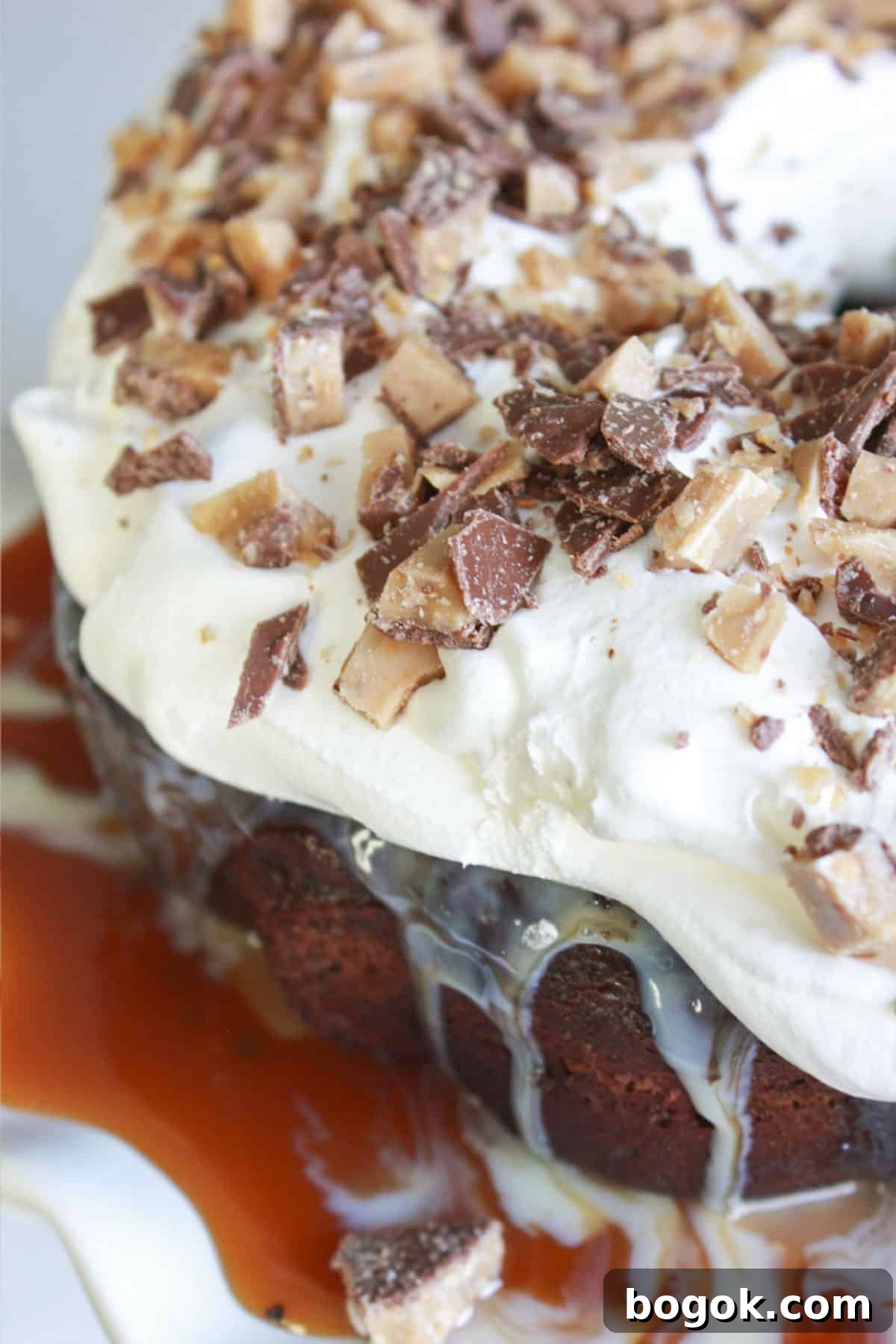 A close up of a Better Than Anything Bundt Cake with toffee.