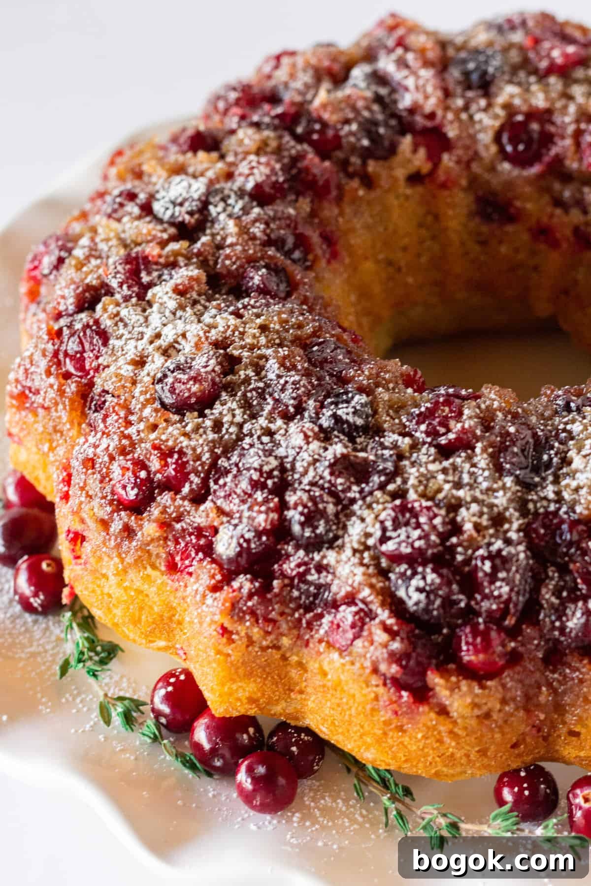 A cranberry upside down cake with a sprinkle of powdered sugar.
