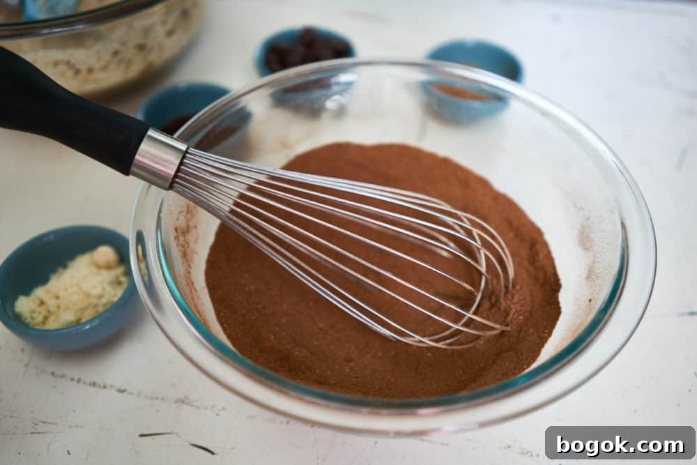 A glass bowl with a whisk, cocoa powder, almond flour and instant espresso powder.