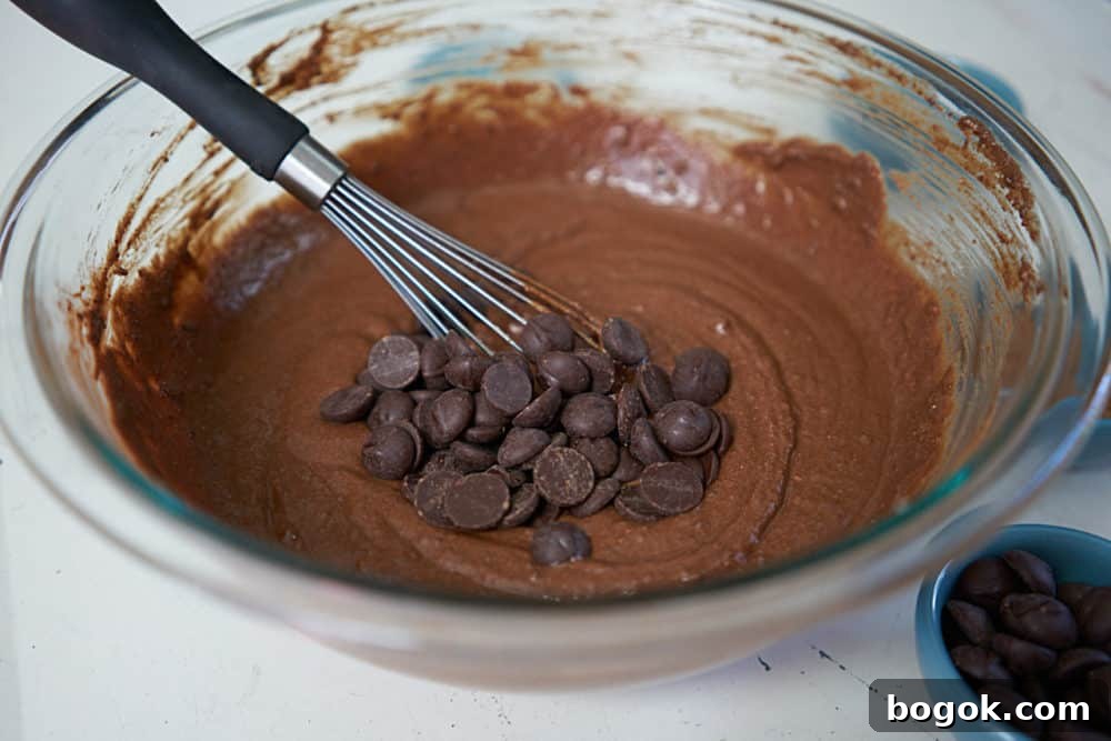 A glass bowl with a whisk and brownie batter with chocolate chips.