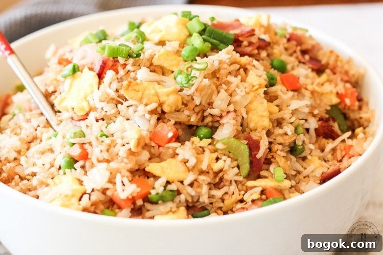 Bacon Fried Rice is a simple go to dish that is full of vegetables, rice and of course bacon! This is a staple recipe around our house, we usually have all of these ingredients on hand and this can be made quick. Dinner win!! bowl of fried rice