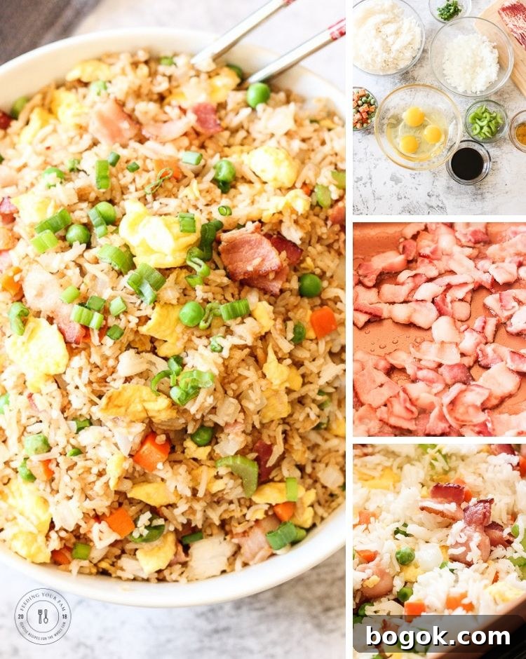 Bacon Fried Rice is a simple go to dish that is full of vegetables, rice and of course bacon! This is a staple recipe around our house, we usually have all of these ingredients on hand and this can be made quick. Dinner win!! #friedrice #bacon #ricerecipes collage of steps to make fried rice