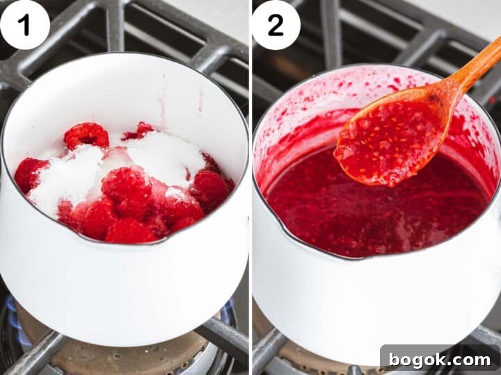 Raspberries cooked with sugar and lemon juice in a white pot.
