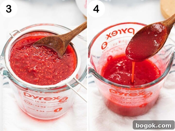 Raspberry sauce being strained to remove the seeds.