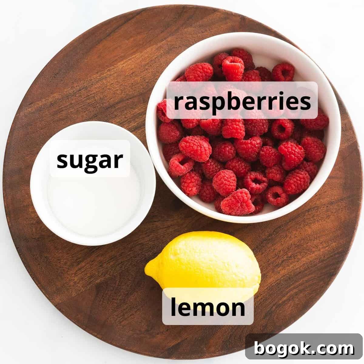 Ingredients for raspberry sauce with text overlay.