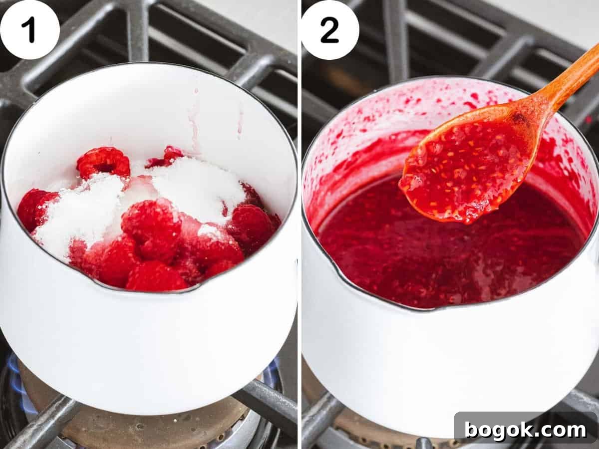 Raspberries cooked with sugar and lemon juice in a white pot.