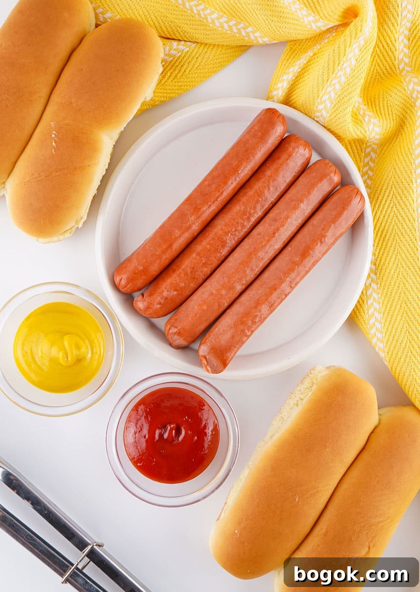 an overhead image showing the measured ingredients needed to make hot dogs in the air fryer